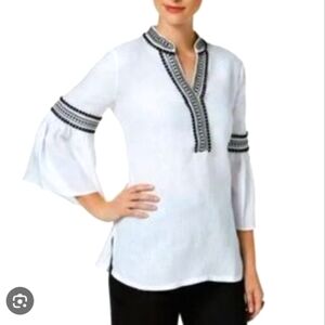 100% Linen Boho Top Blouse flared Sleeves embroidery sz M, Charter Club.